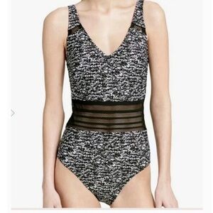 Calvin Klein Sea Glass Printed Mesh-Inset Black White Suit Size 8